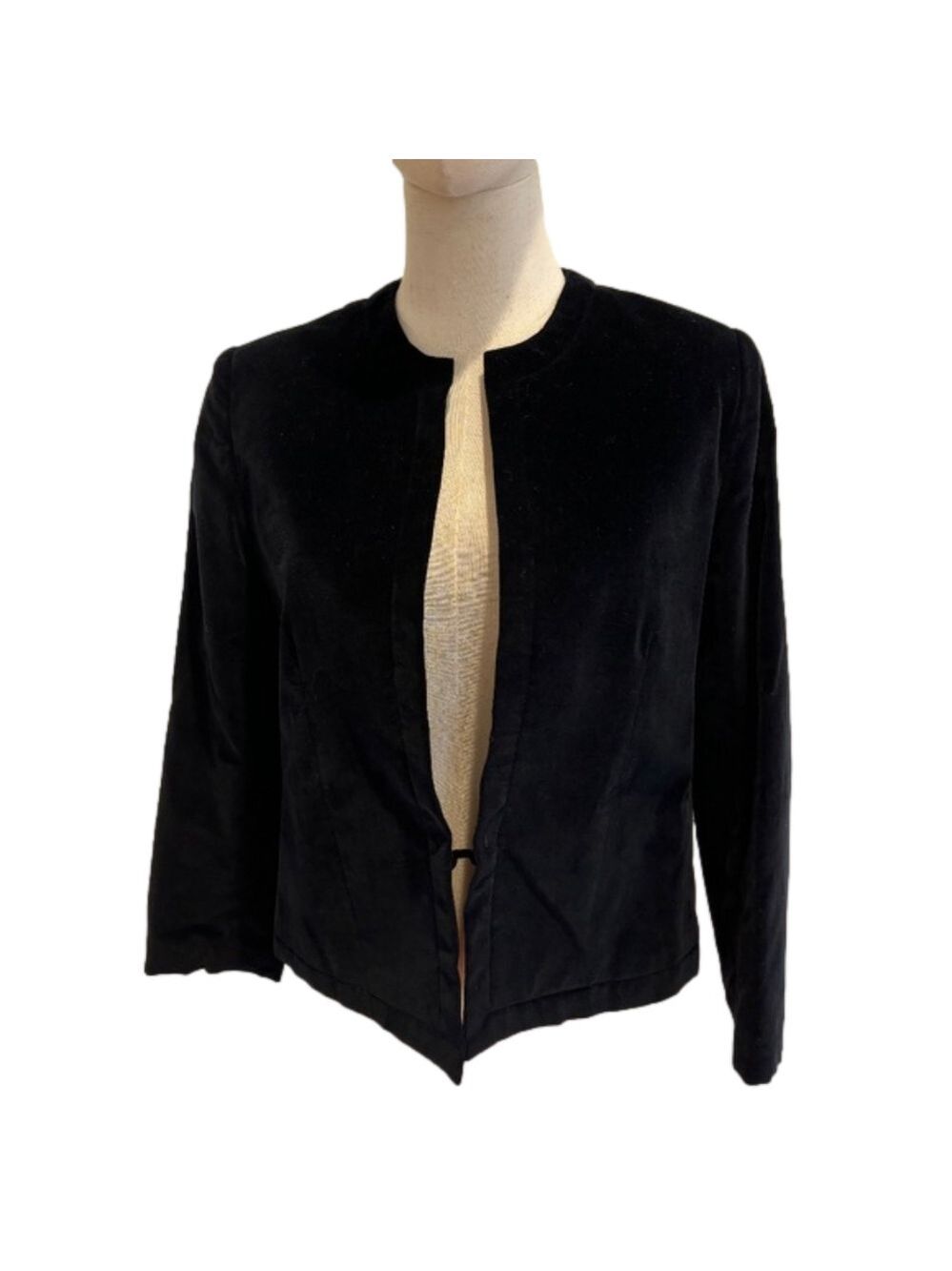 90s NEIL MARTIN BLACK VELVET BLAZER COTTON CROPPED COLLARLESS & 3/4 SLEEVES SZ 8 - Picture 1 of 9